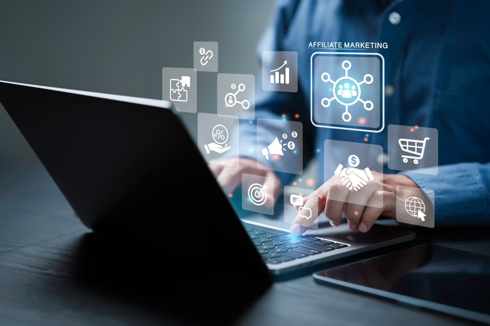 Affiliate marketing or online business model concept. affiliates and customers.Strategy Generated revenue by referring customers announce campaign and promotion to social media network.